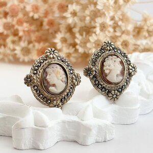 Cameo Marcasite Sterling Silver Victorian Vintage Clip On 925 Stud Earrings
